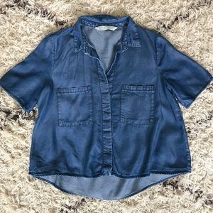 Zara High Low Chambray Denim Crop Blouse Top